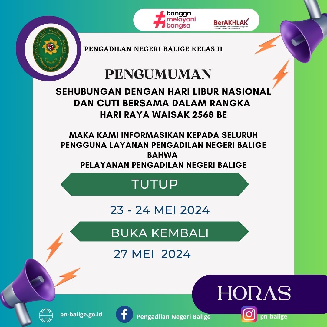 PENGUMUMAN HARI LIBUR NASIONAL DAN CUTI BERSAMA DALAM RANGKA  HARI RAYA WAISAK 2568 BE